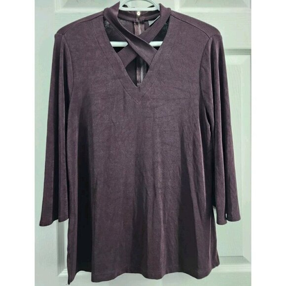Chico's Travelers Slinky Top Wine Size 1 Small 3/4 Sleeve Criss Cross Neck - Picture 1 of 7